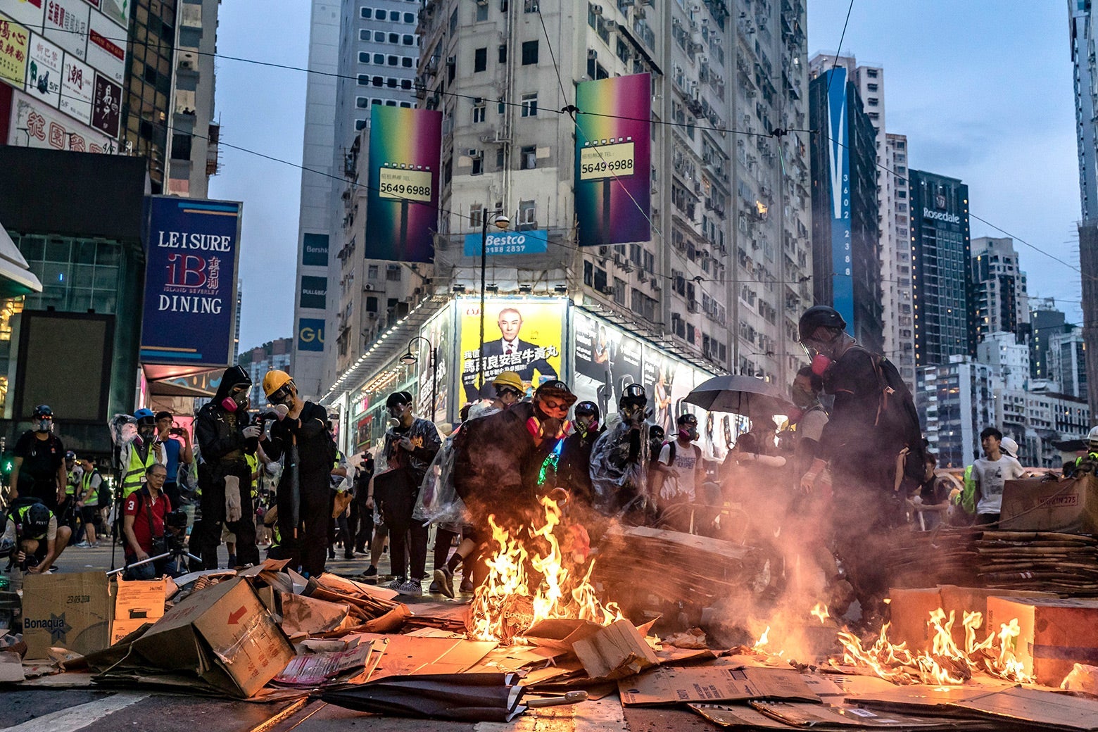 Protesters set barricade on fire at a demonstration in Hong Kong.