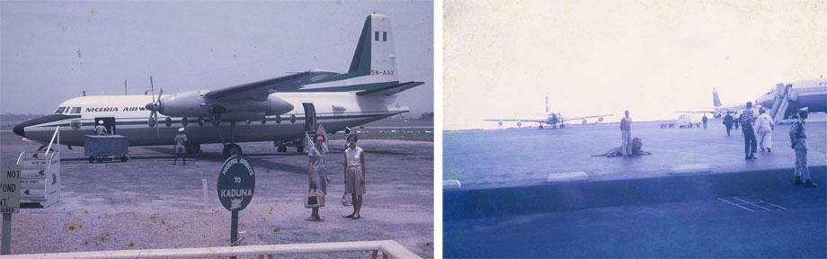 Nigeria Airways was the flagship carrier of the new nation. It was started from the ashes of the West Africa Airways Corporation, and continued to operate until 2003, when a poor safety record and mismanagement brought it down. Here, my mother and one of her friends prepare to board a domestic flight to Kaduna, an ancient city in the northwest of Nigeria (l). A lion on the tarmac. This picture was most likely taken while my mother was on safari in Kenya. One one hand, the lion fits the idealized Western image of Africa, but it lays in a thoroughly modern environment.