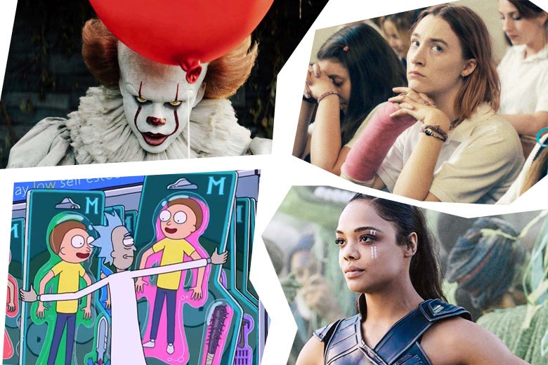 A mosaic of stills from movies and TV shows. Clockwise from the top left: Tim Curry as the clown from IT, Saoirse Ronan in Lady Bird; Tessa Thompson in Thor: Ragnarok; the animated characters Rick and Morty