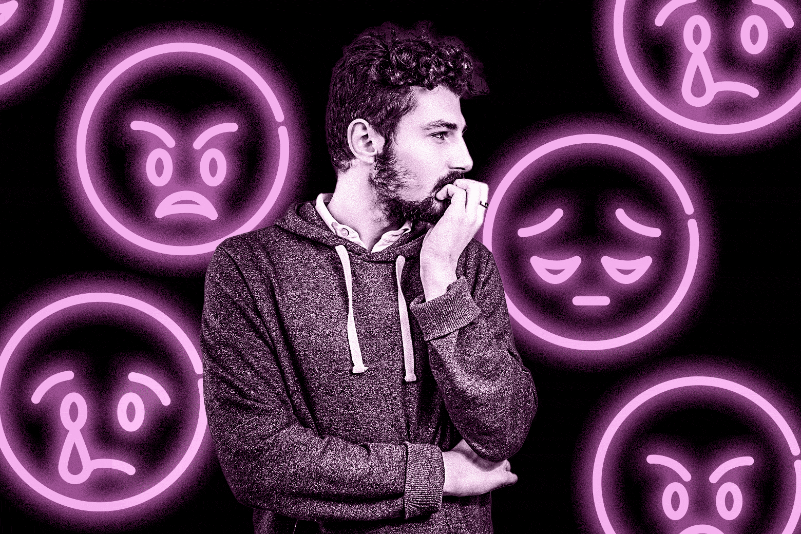 Man looking off to the side worried with a backdrop of angry and sad emojis.