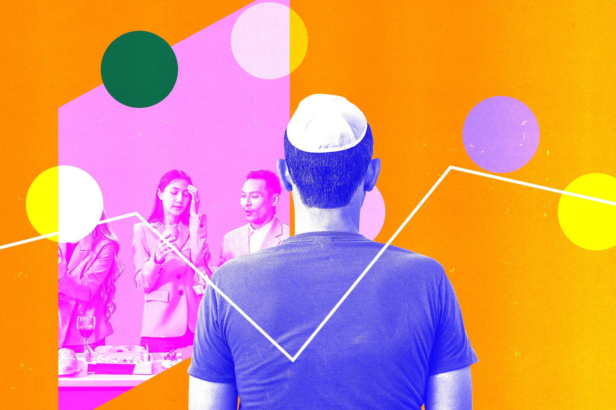 A man in a yarmulke looking on as a group of people eat at a buffet.