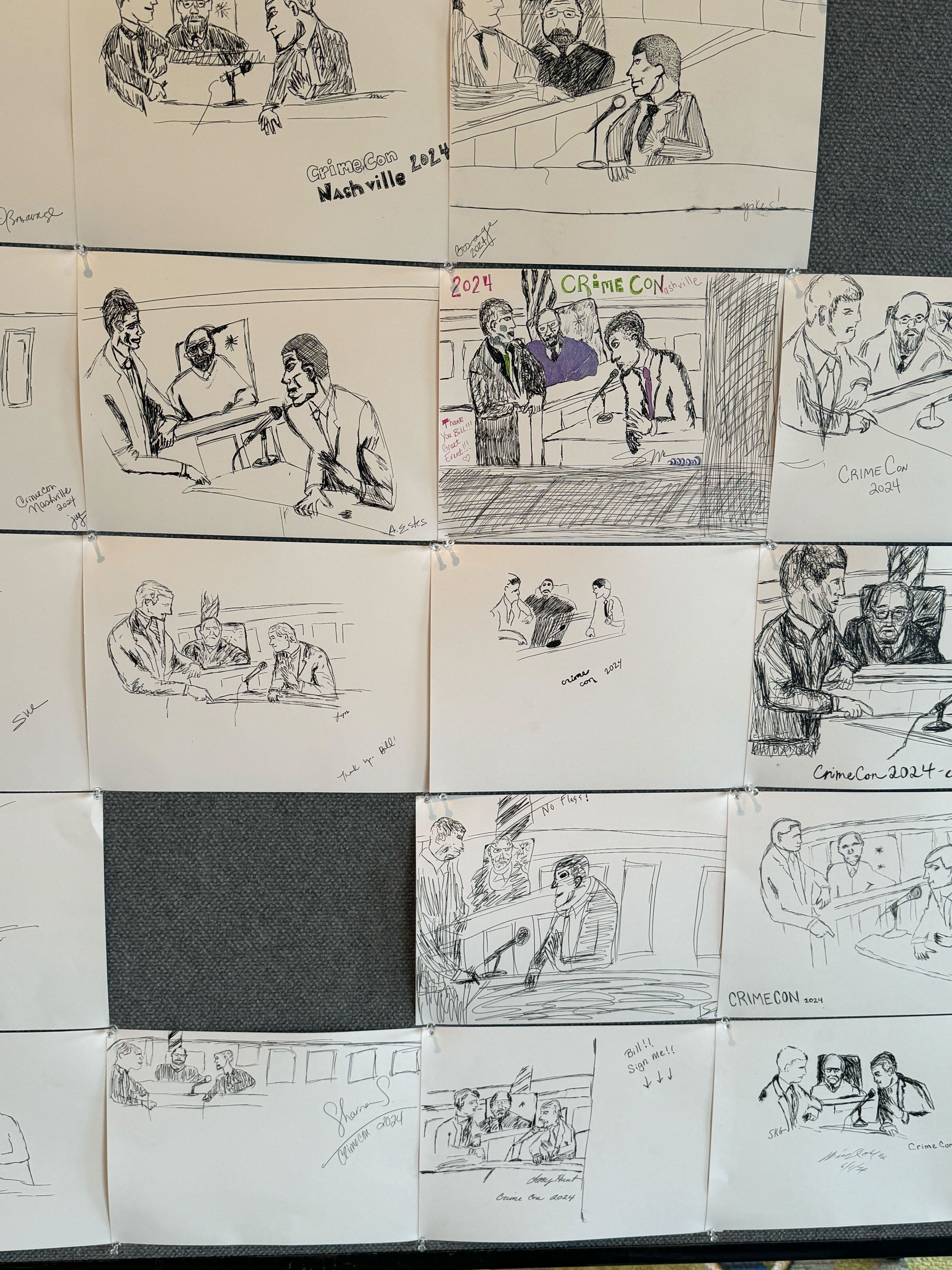 A series of courtroom illustrations from the "Sketch and Sip" event led by Bill Robles.