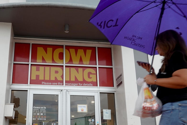 MIAMI BEACH- NOVEMBER 05: A ''Now Hiring" sign hangs above the entrance to a McDonald's restaurant on November 05, 2021 in Miami Beach, Florida. The Labor Department reported today that the U.S. job market in October showed that non-farm payrolls rose more than expected and that the unemployment rate fell to 4.6%. (Photo by Joe Raedle/Getty Images)