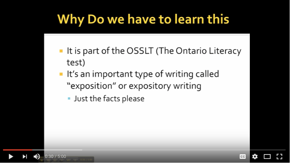Screen capture from YouTube showing a slide on how to write news articles.
