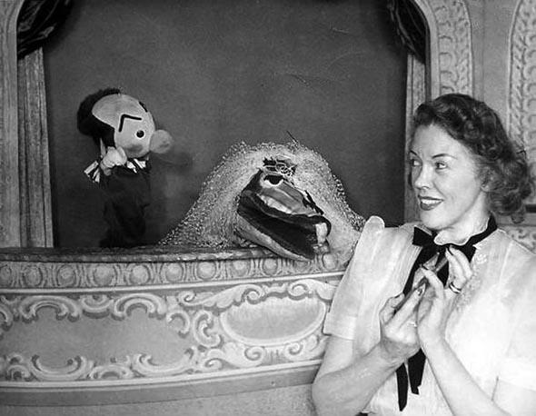 Publicity photo of Fran Allison with Kukla and Ollie from Kukla, Fran, and Ollie television program.
