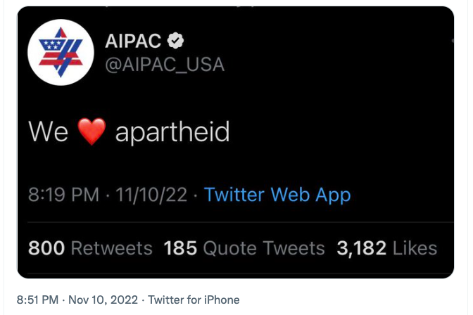A parody tweet reads, "We heart apartheid."