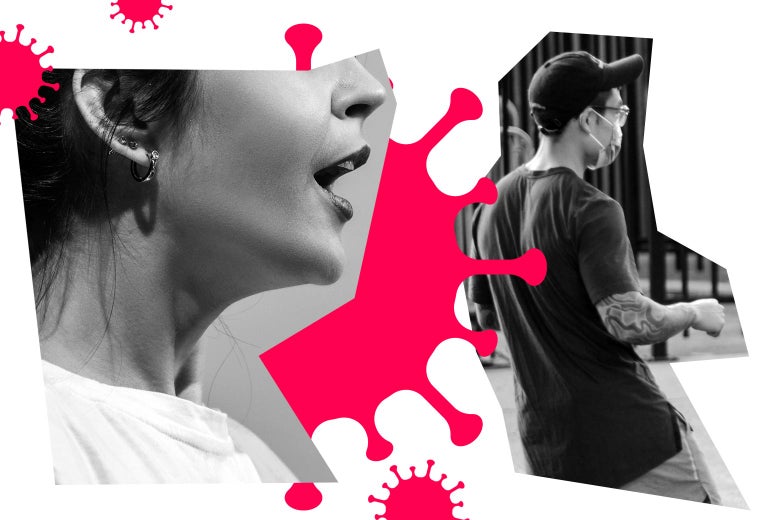 Collage of COVID-19 germs around an unmasked woman yelling and a man with a mask walking away