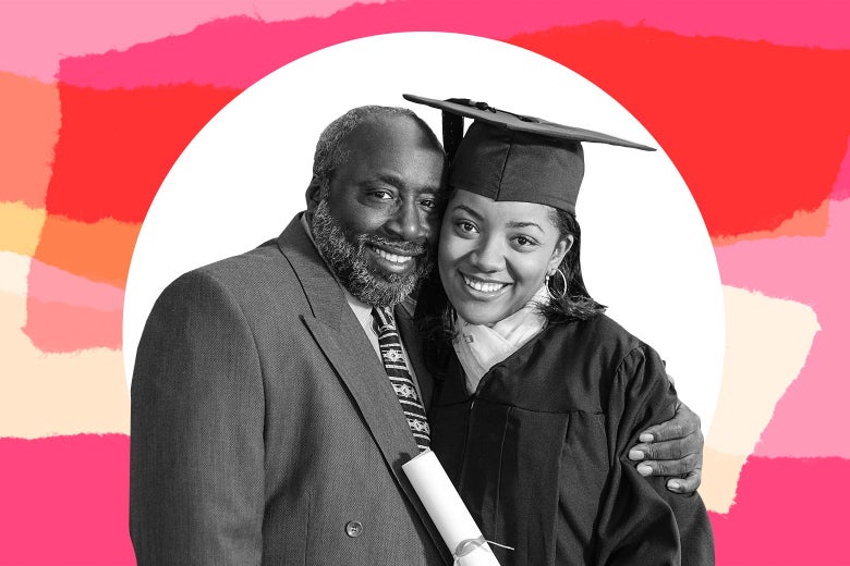 Father with his daughter, who's in a graduation cap and gown.