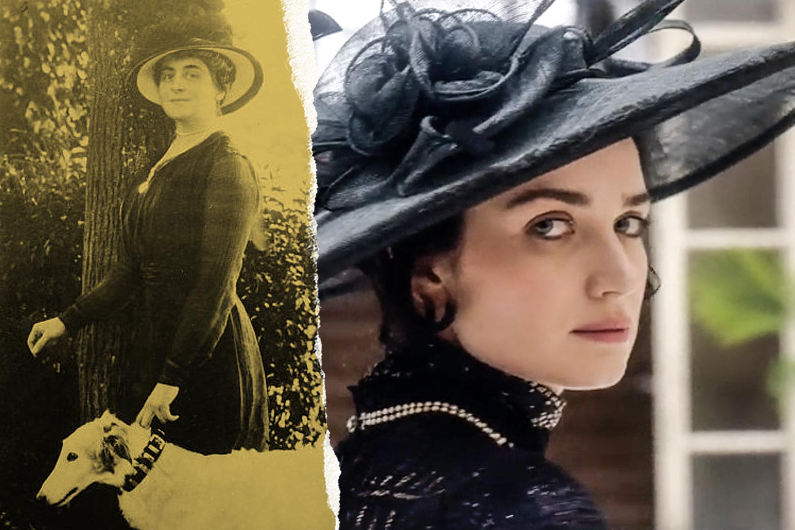 Anne Morgan and Eve Hewson, both with large hats. Morgan is holding a dog by the collar.