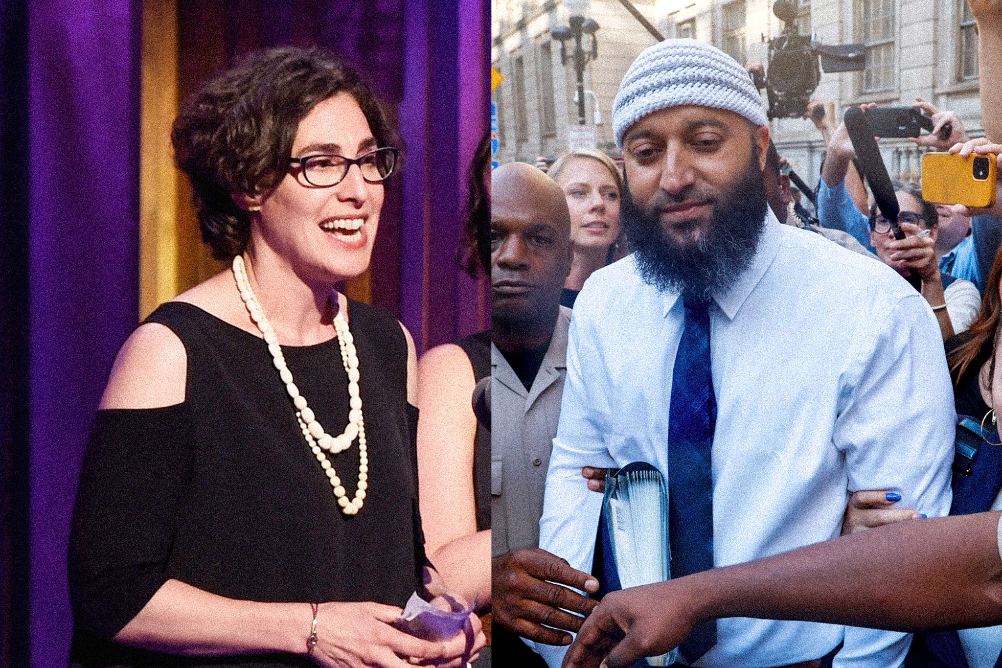 Left: A woman, Sarah Koenig, accepting an award. Right: A bearded man, Adnan Syed, talking to reporters.