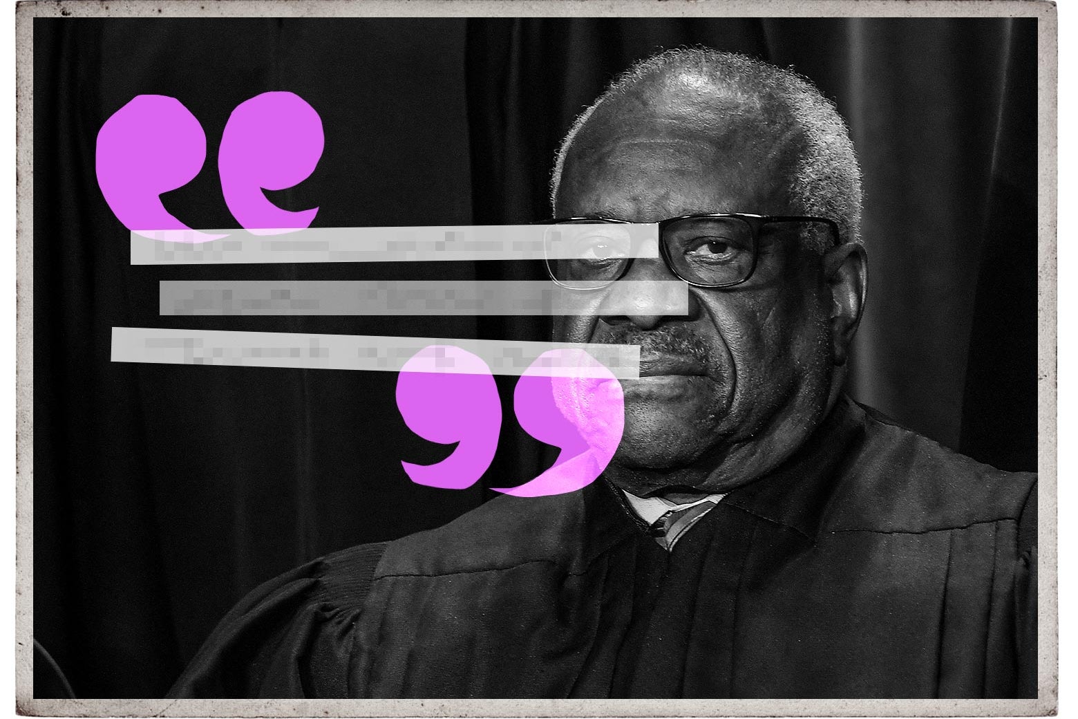 Clarence Thomas, with some text and a purple quote in front of his face.