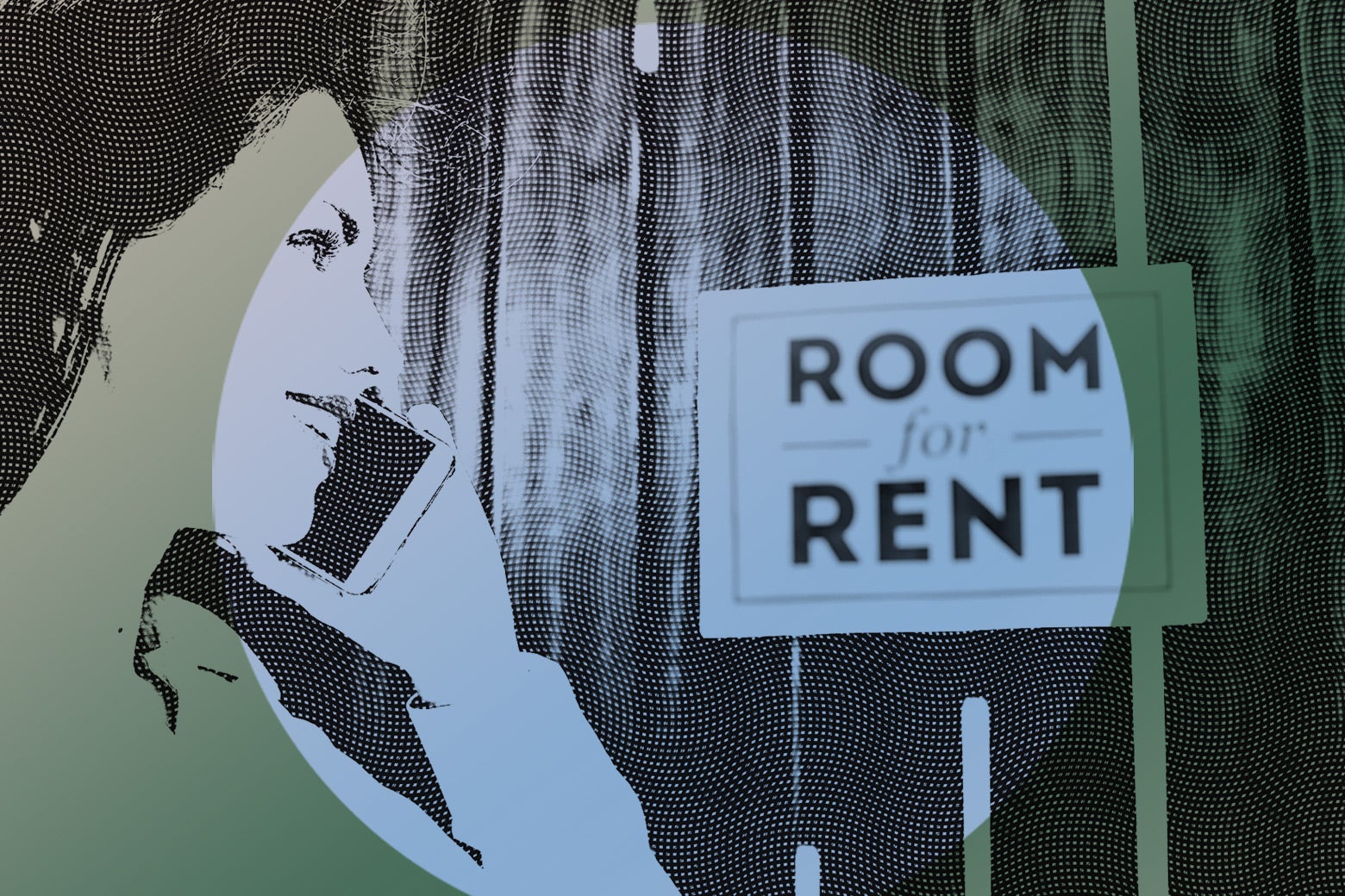 Woman on the phone next to a room for rent sign.