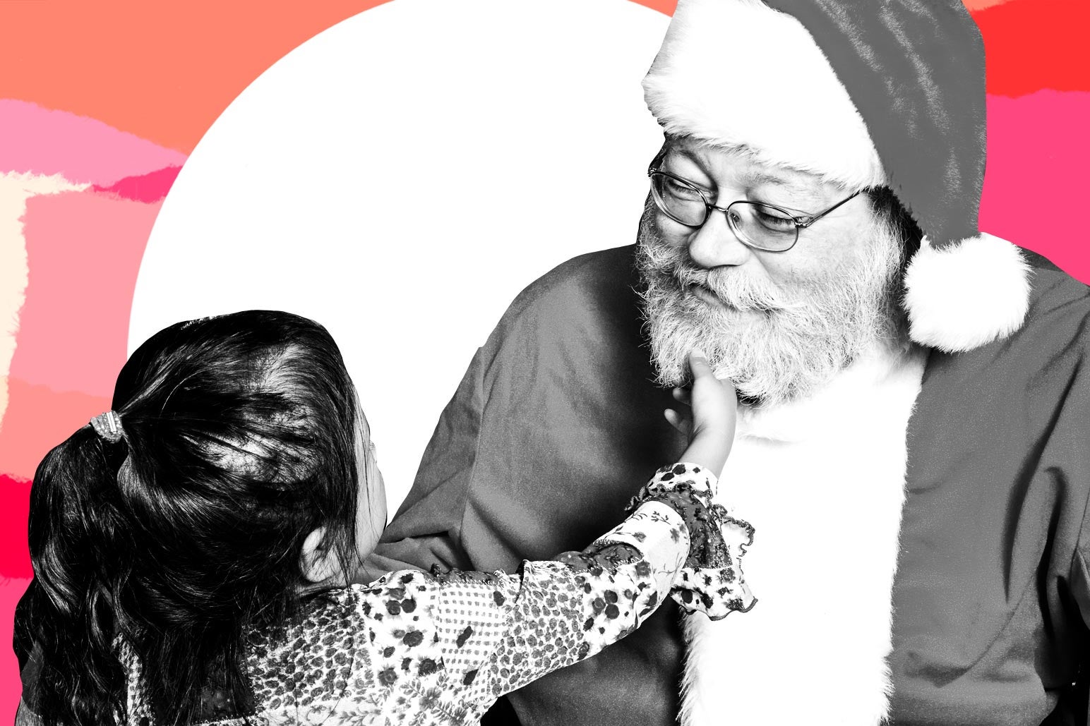 A little girl tugs on Santa's beard.