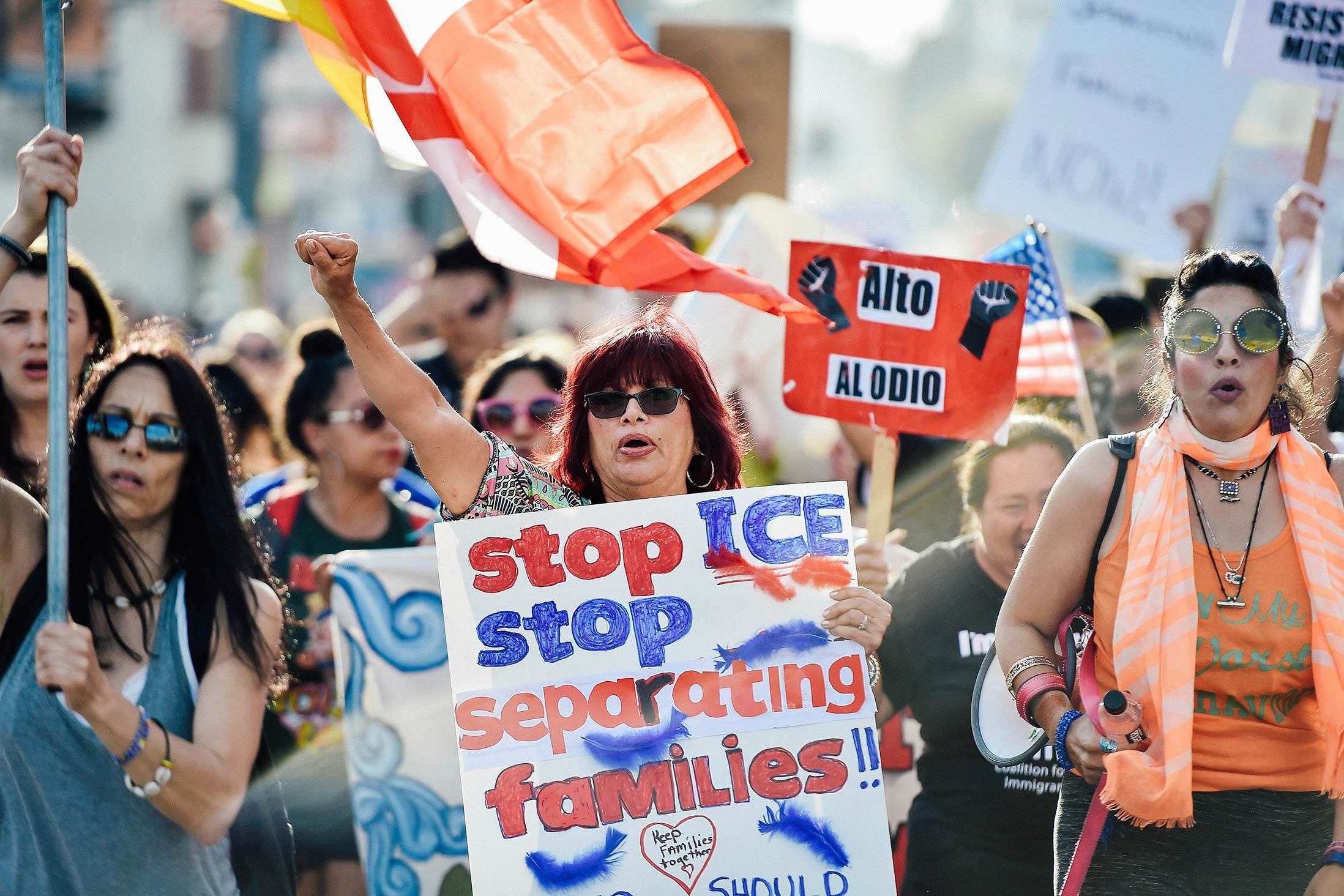 Critics of the family separation policy protest in downtown Los Angeles on June 14.