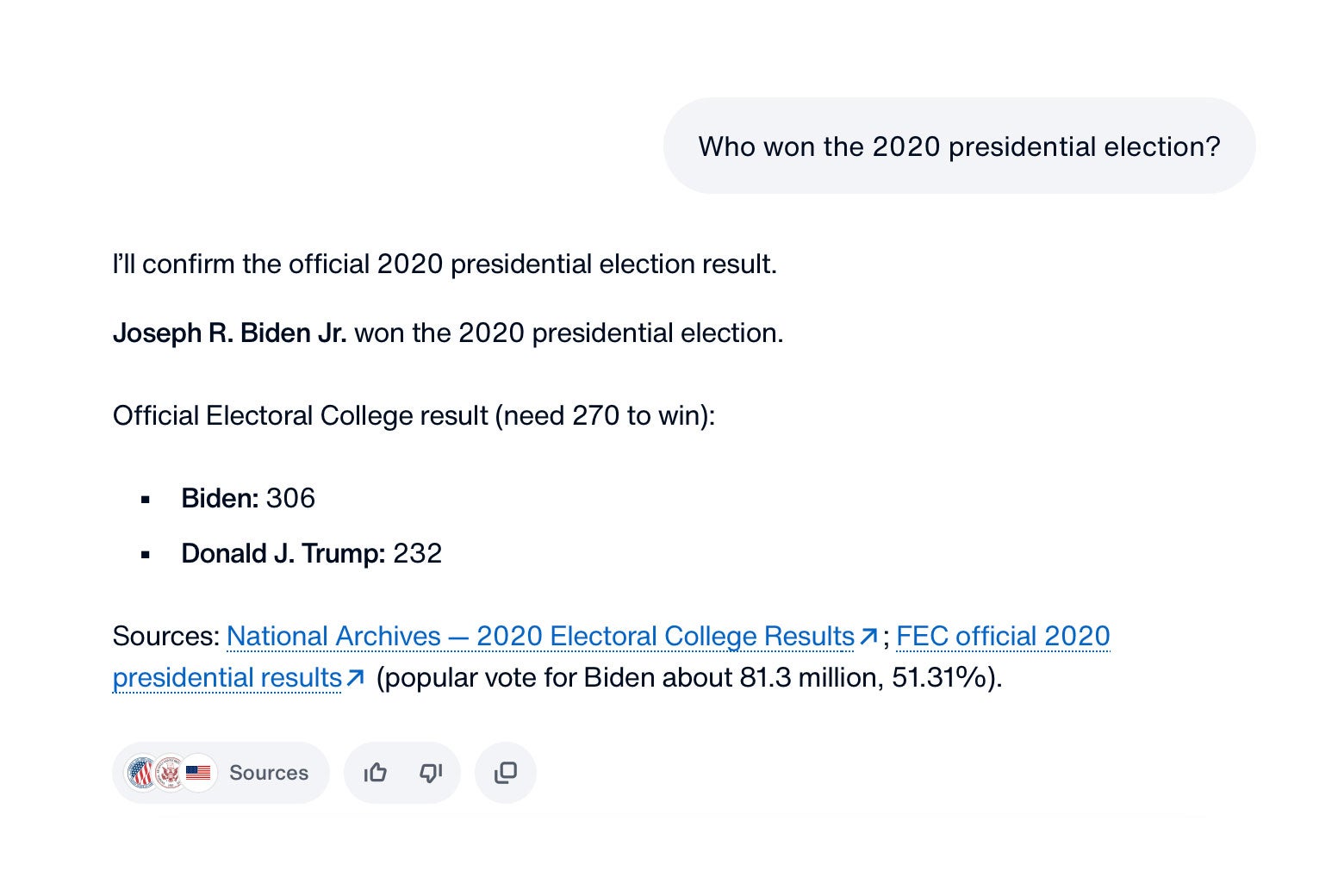 A screenshot from America.gov asking a bot who won the 2020 presidential election.