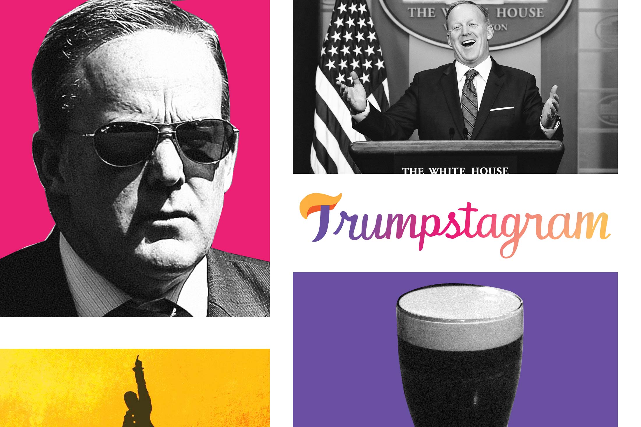 Photo illustration: a collection of images of Sean Spicer, former White House press secretary, with the Trumpstagram pop-up blog logo.