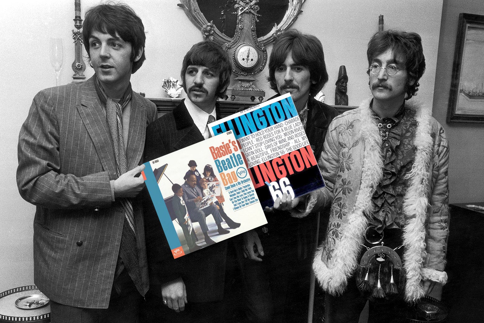 The Beatles in black and white hold up some of their album covers in color.