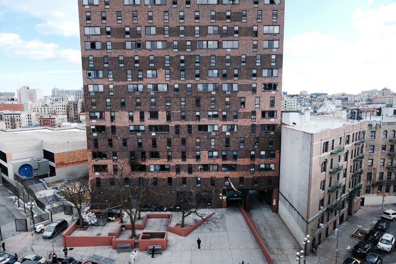 Exterior of a 19-story apartment building in New York