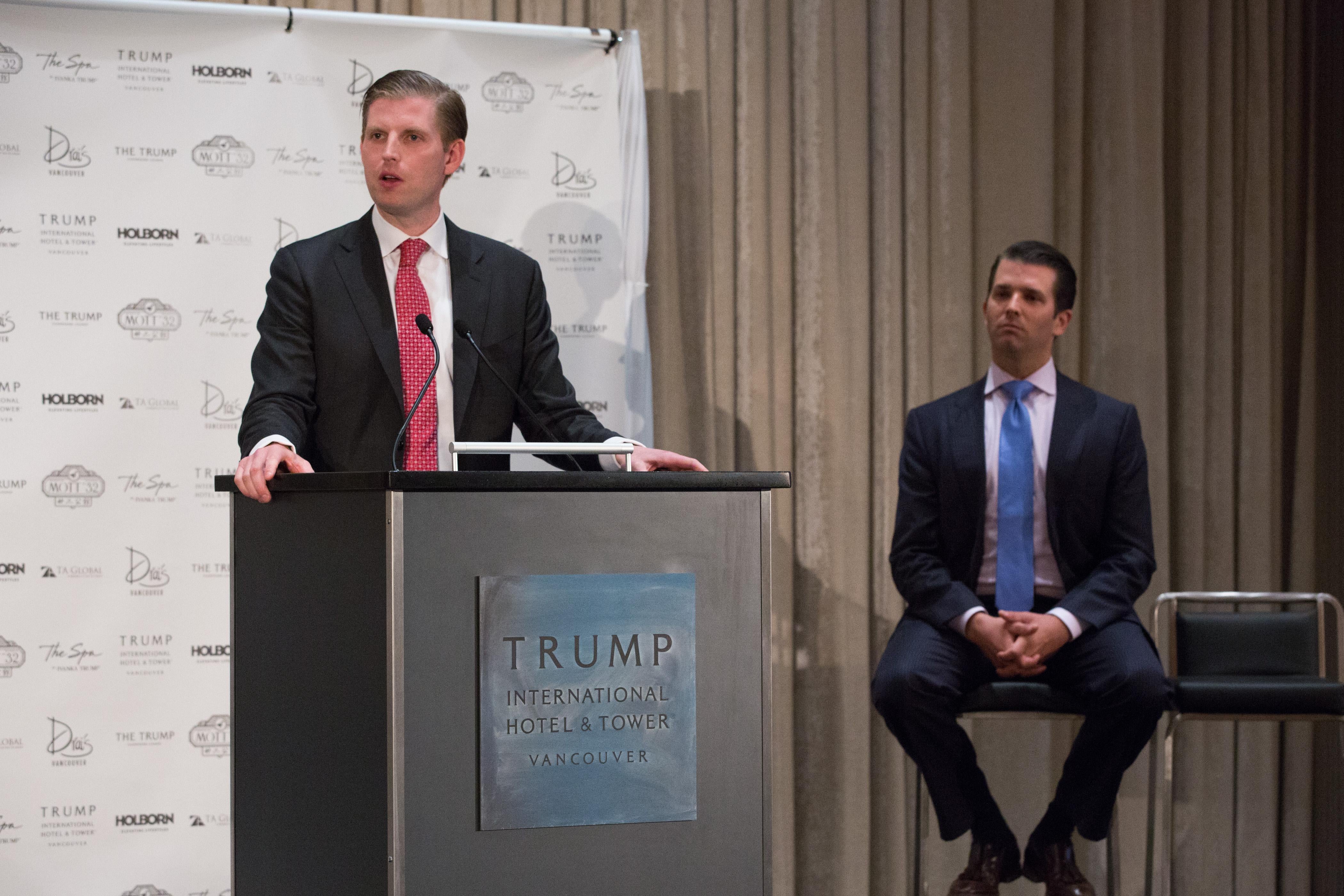 Eric Trump and  Don Trump Jr. attend the Trump International Hotel And Tower Vancouver Grand Opening on February 28, 2017 in Vancouver, Canada. 