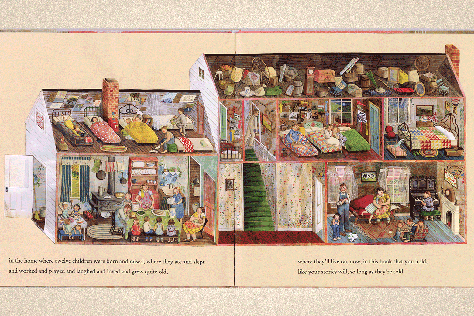 A spread in the book showing a cross section of the house's rooms, with its residents sleeping in beds, at a kitchen table, and hanging out in the living room.