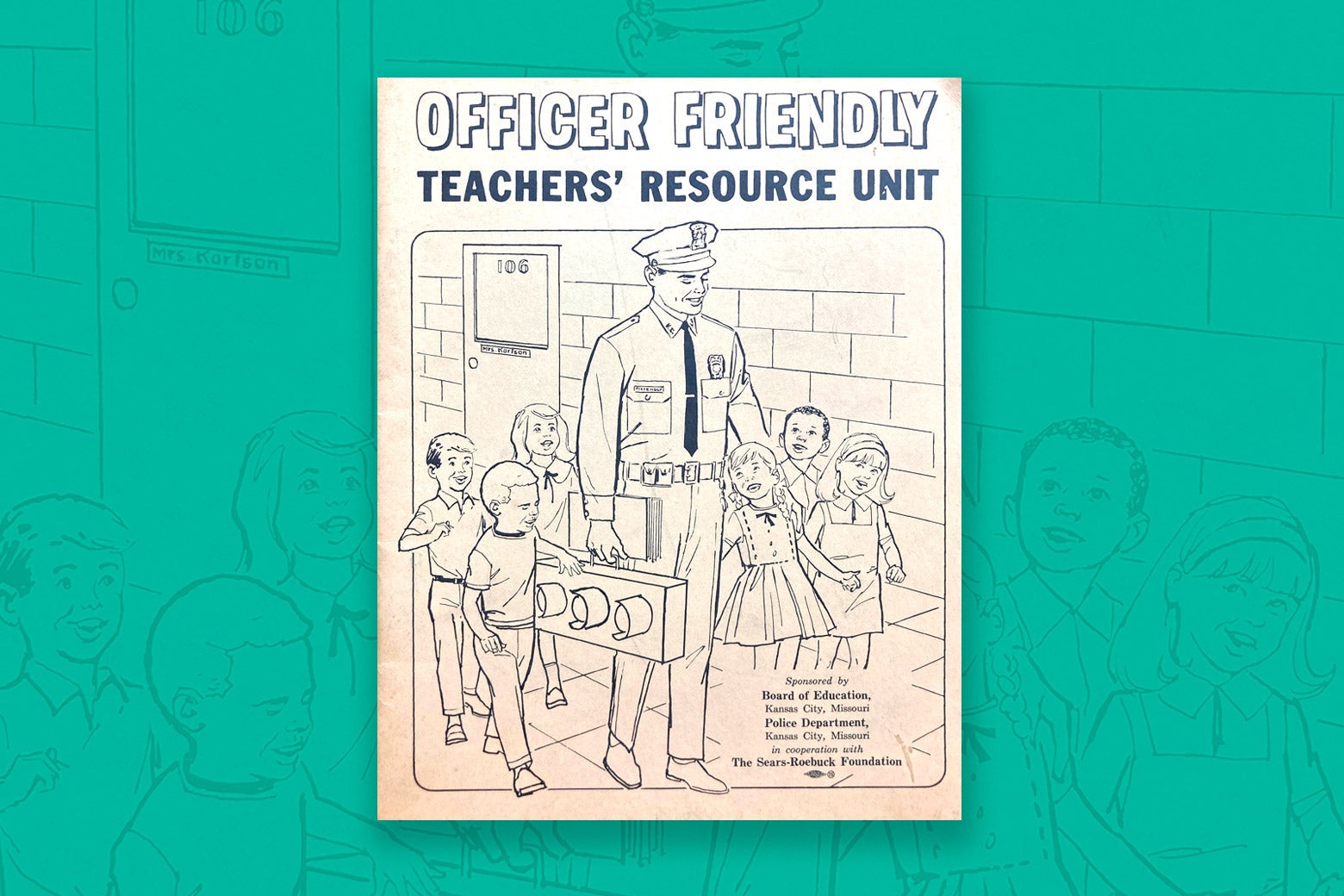 The cover of Officer Friendly Teacher's Resource Unit booklet from 1968 seen over an enlarged, slightly faded version of the same cover.