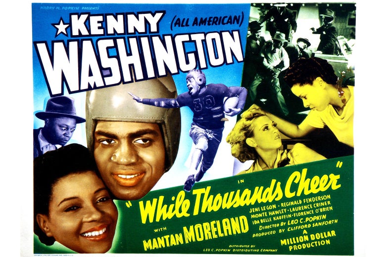 Movie poster including shots of Kenny Washington playing football, two women fighting, and gangsters fighting, with the words "Kenny Washington All-American" featured prominently above the title
