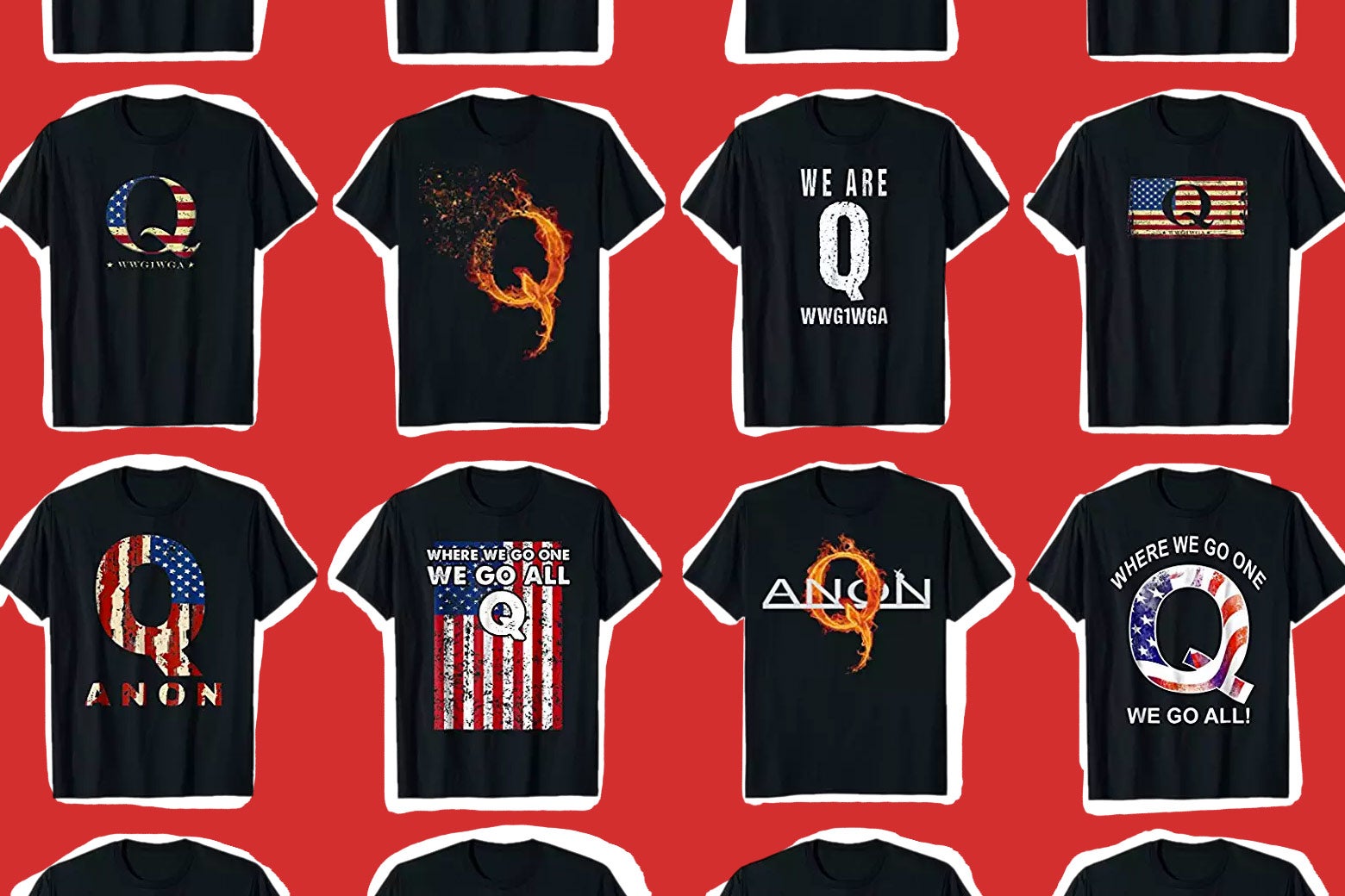 Photo illustration of various QAnon-related T-shirts currently for sale.
