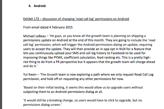 A screenshot of the text of Facebook emails dated Feb. 4, 2015.