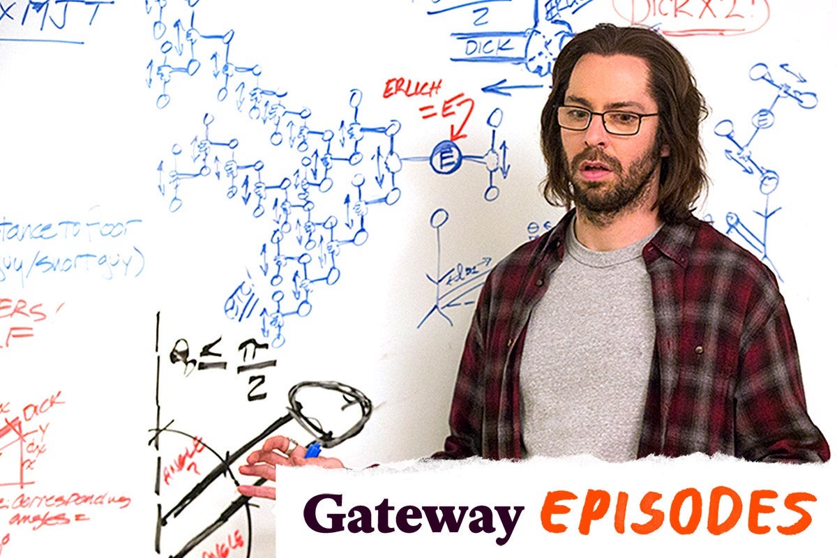 Martin Starr as Gilfoyle, standing in front of a whiteboard covered in hand-drawn sketches of tip-to-tip efficiency.