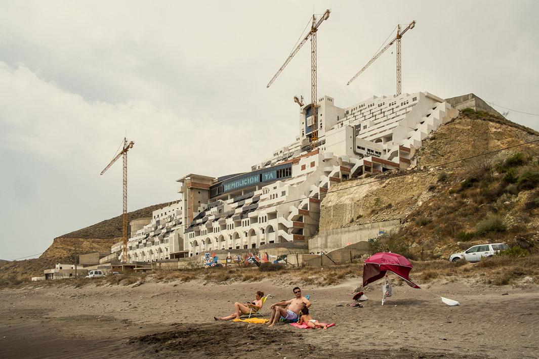 CARBONERAS, ALMERÍA, SPAIN - AUGUST 08 2012:  hotel "El Algarrobico" was built in a protected Natural Park with the complicity of local authorities. Popular activism and the pressure made by Greenpeace stopped the project, although after a decade of legal activity it has not yet been demolished. Many among the local population would rather keep the hotel and have some tourism income. Photo by Carlos Spottorno / Getty Images