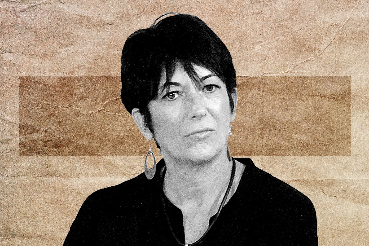 A solemn Ghislaine Maxwell against the backdrop of crumbled brown paper.
