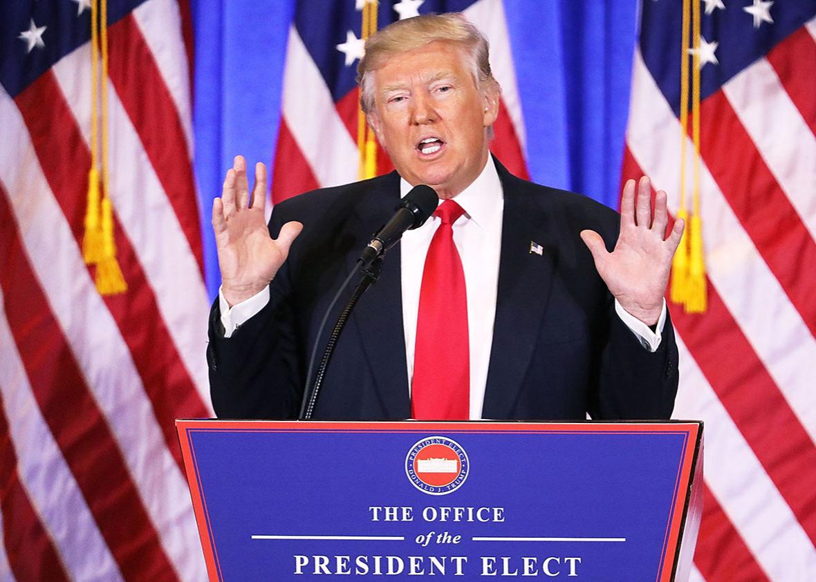 President-elect Donald Trump speaks at a news cenference at Trump Tower  on January 11, 2017 in New York City. 