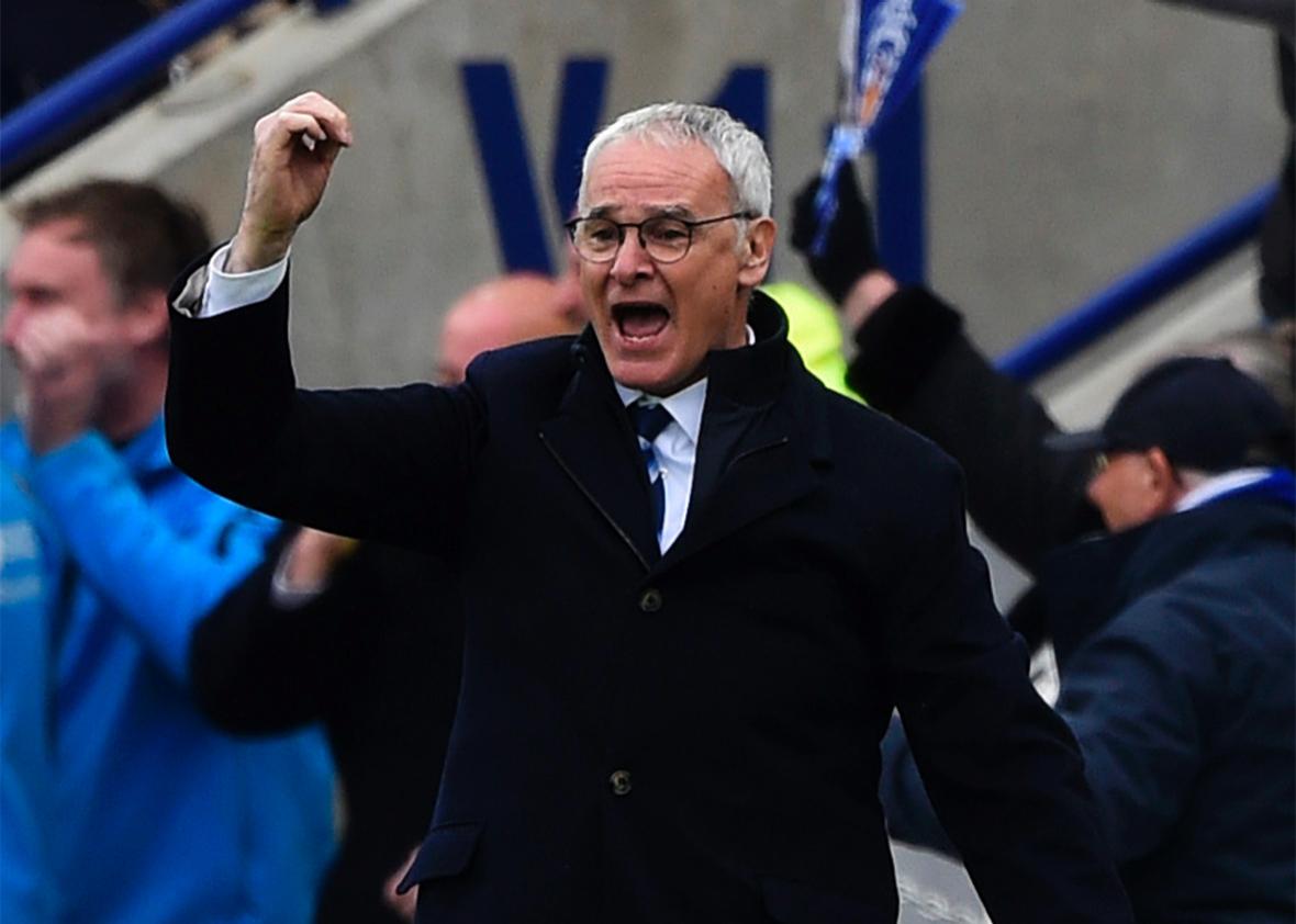 Claudio Ranieri manager of Leicester City celebrates during the Barclays Premier League match between Leicester City and Swansea City at The King Power Stadium on April 24, 2016 in Leicester, United Kingdom.  