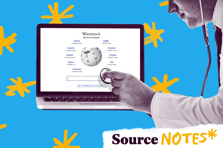 Photo illustration of a doctor holding a stethoscope up to a laptop with Wikipedia's landing page on the screen.