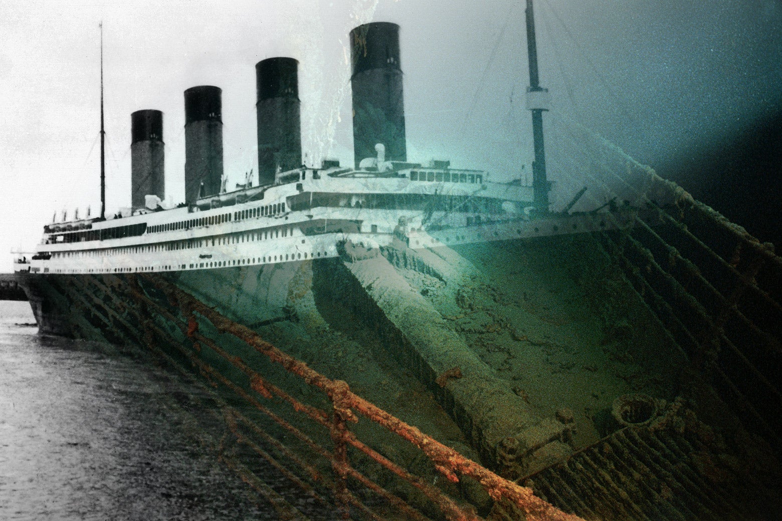 A photo illustration combining an archival image of the Titanic and an image of its remains on the ocean floor.