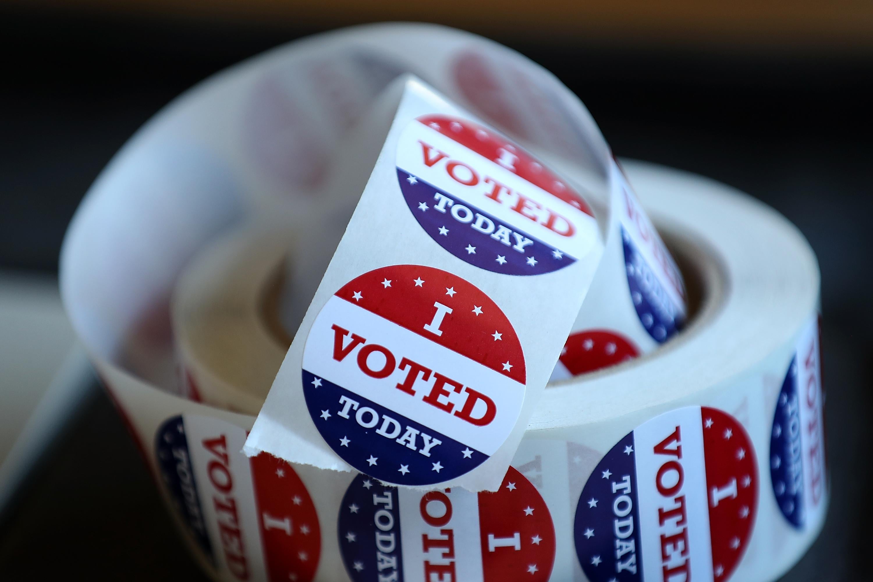 SAN ANSELMO, CA - JUNE 05:  A roll of 'I Voted' stickers sit on a table inside a polling station at a Ross Valley fire station on June 5, 2018 in San Anselmo, California. California voters are heading to the polls to vote in the primary election.  (Photo by Justin Sullivan/Getty Images)