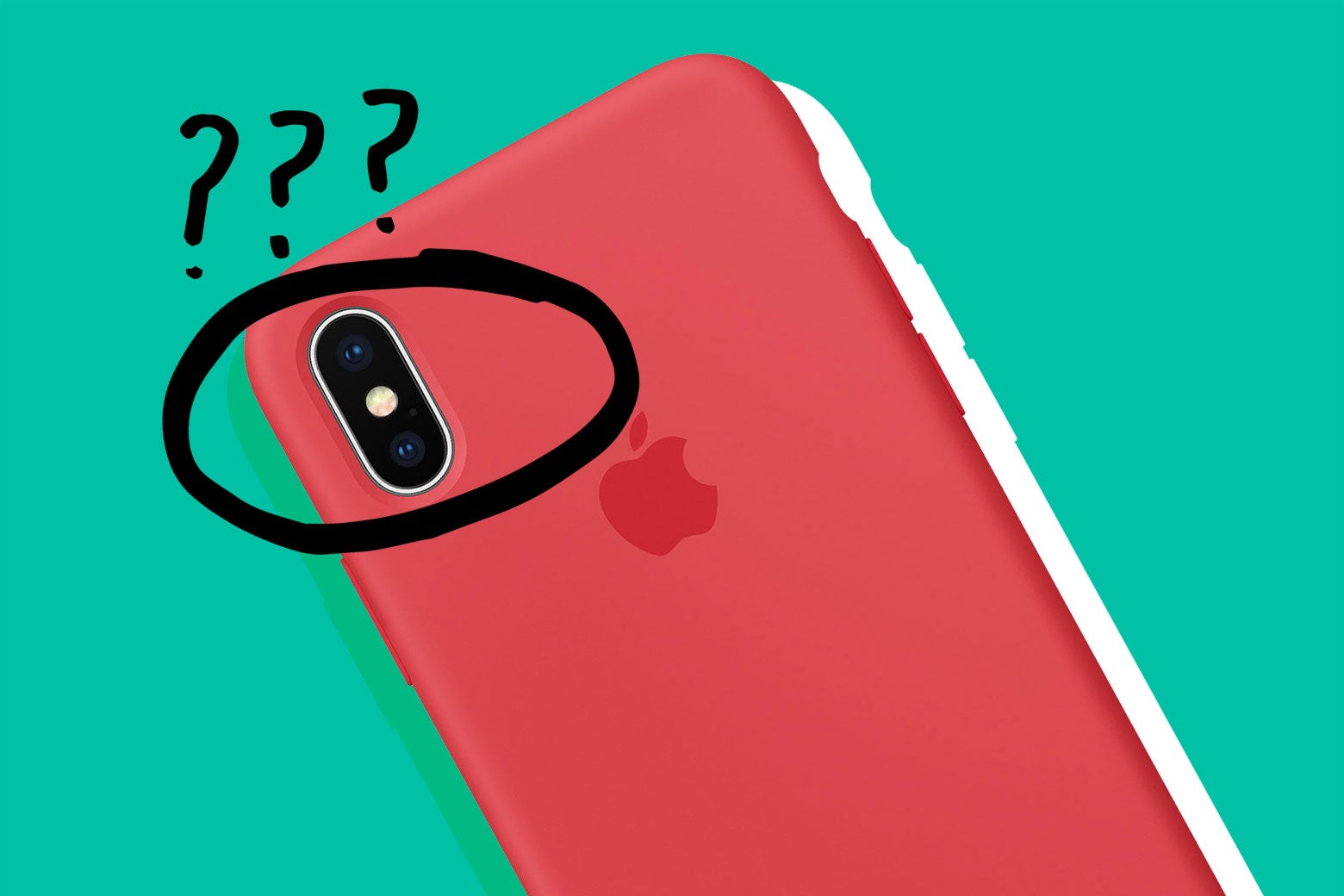 Photo illustration: an iPhone with a painted circle around the camera and multiple question marks.