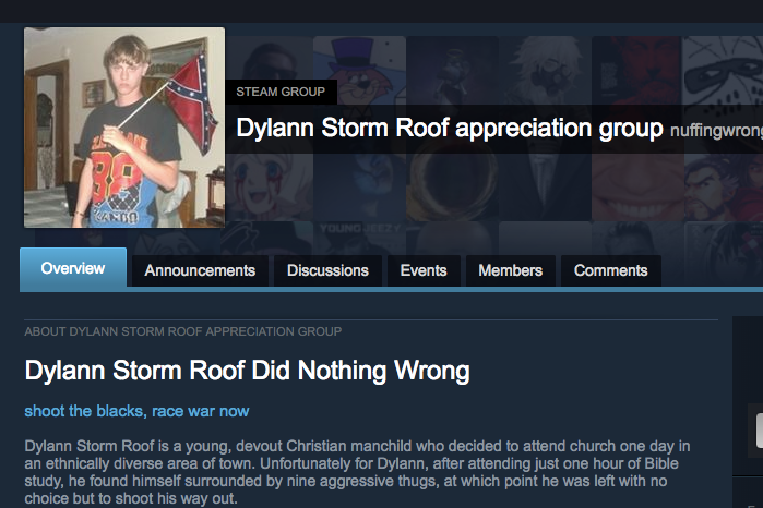 A "Dylann Storm appreciation group" on Steam.
