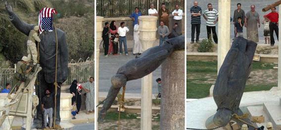 Iraqis watch a statue of Saddam Hussein fall.