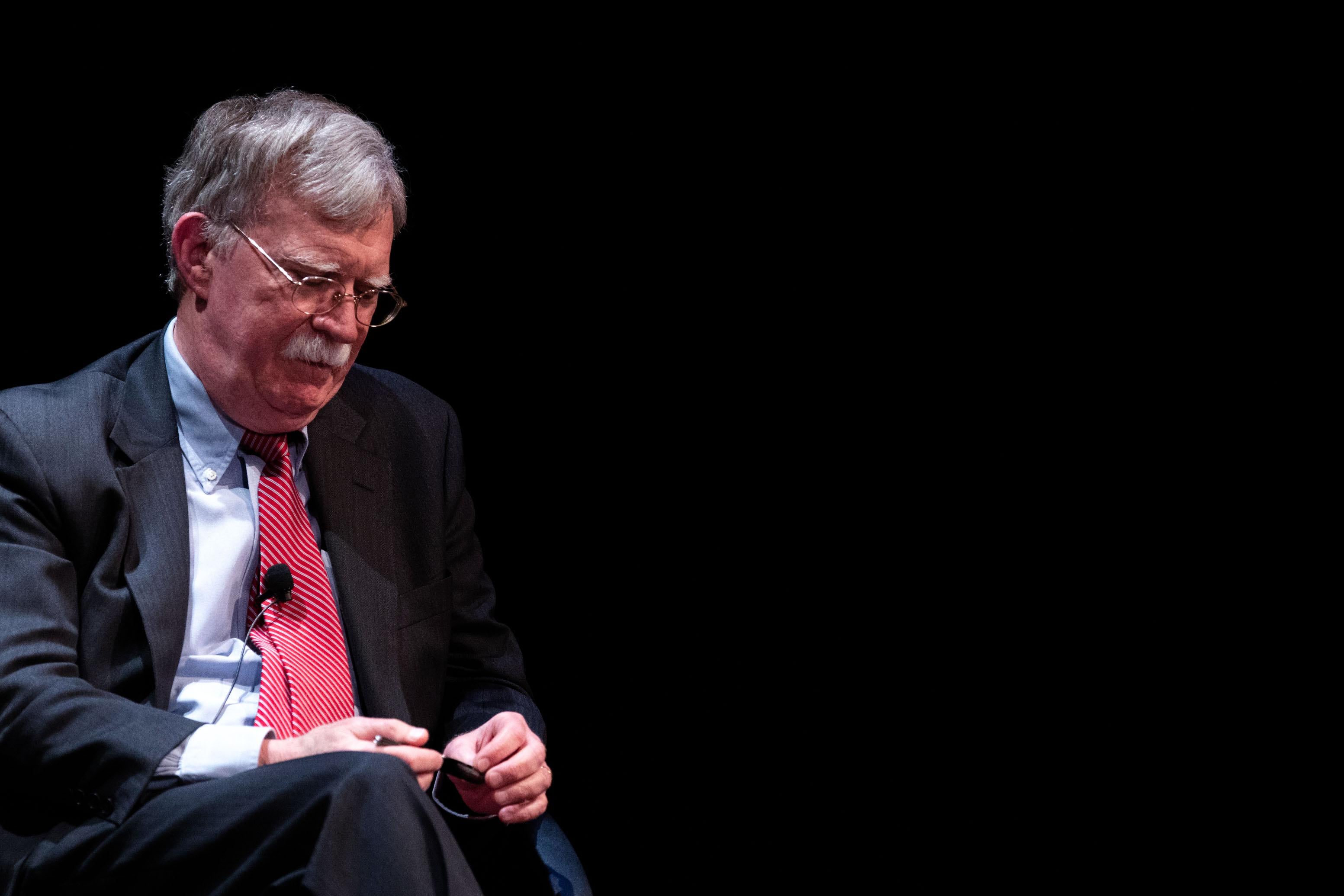 Former National Security adviser John Bolton speaks on stage during a public discussion at Duke University in Durham, North Carolina on February 17, 2020.