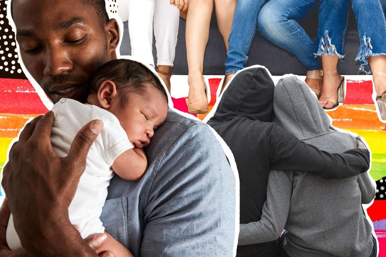 Collage of a new father and his baby, a group of girlfriends, and a couple hugging.