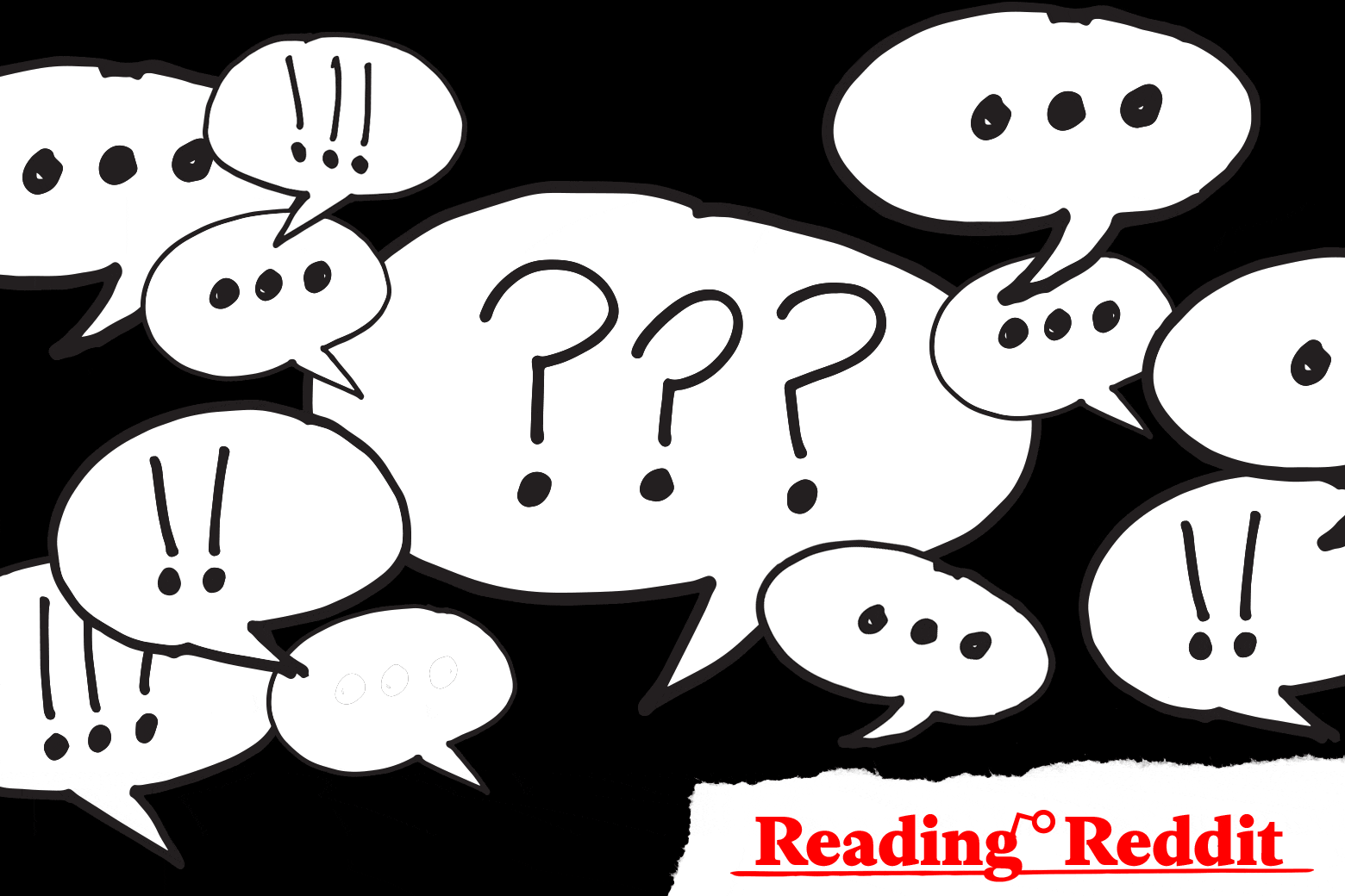 One speech bubble with question marks surrounded by other speech bubbles with exclamation points, and ellipses.