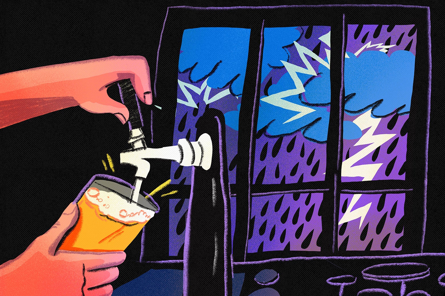 An illustration of a hand pouring beer into a glass from a tap. Outside a window, lightning strikes and rain falls.
