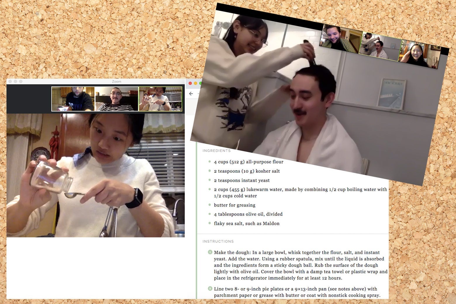 Two Zoom screengrabs, one of a girl cooking and another of a guy getting a haircut.