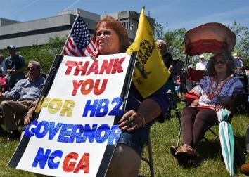 A supporter of HB2 during a rally on Halifax Mall behind the North Carolina General Assembly building in Raleigh, N.C., on Monday, April 25, 2016.