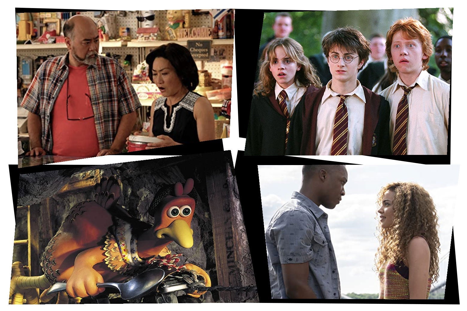 In a mosaic style, stills of: Paul Sun-Hyung Lee with Jean Yoon in a convenience store; Emma Watson, Daniel Radcliffe, and Rupert Grint wearing Hogwarts uniforms; a stop-motion animated chicken holding a spoon; Corey Hawkins and Leslie Grace standing facing one another.