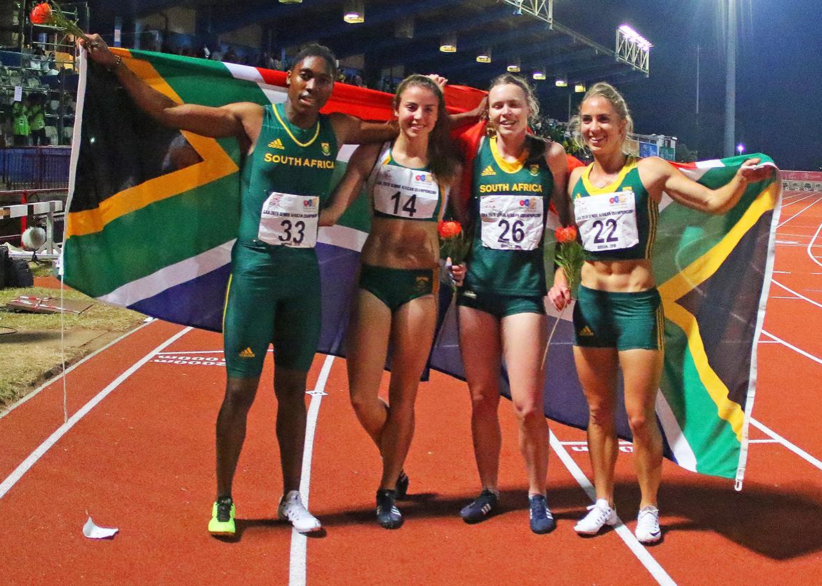 South Africa Caster Semenya and team South Africa hold a national flag as they win the 4x400m finals for women during day 5 of the Confederation of African Athletics (CAA) Championships held in Durban, on June 26, 2016.
