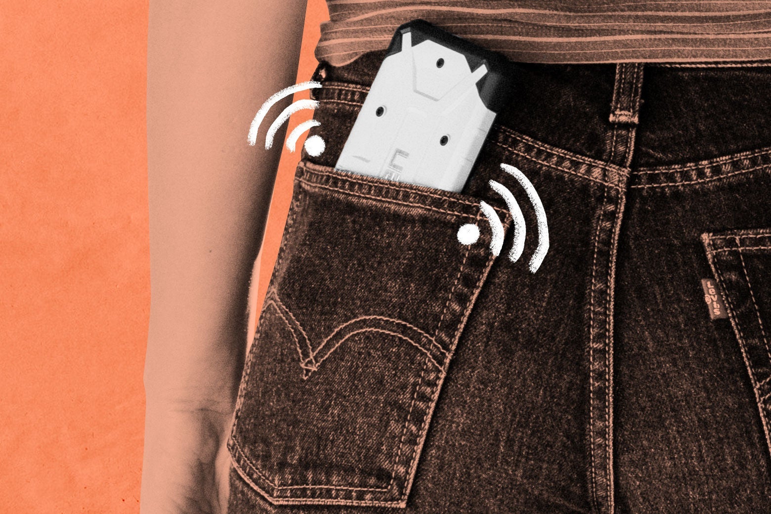 A phone in a seat pocket, with Wi-Fi signals surrounding the phone.