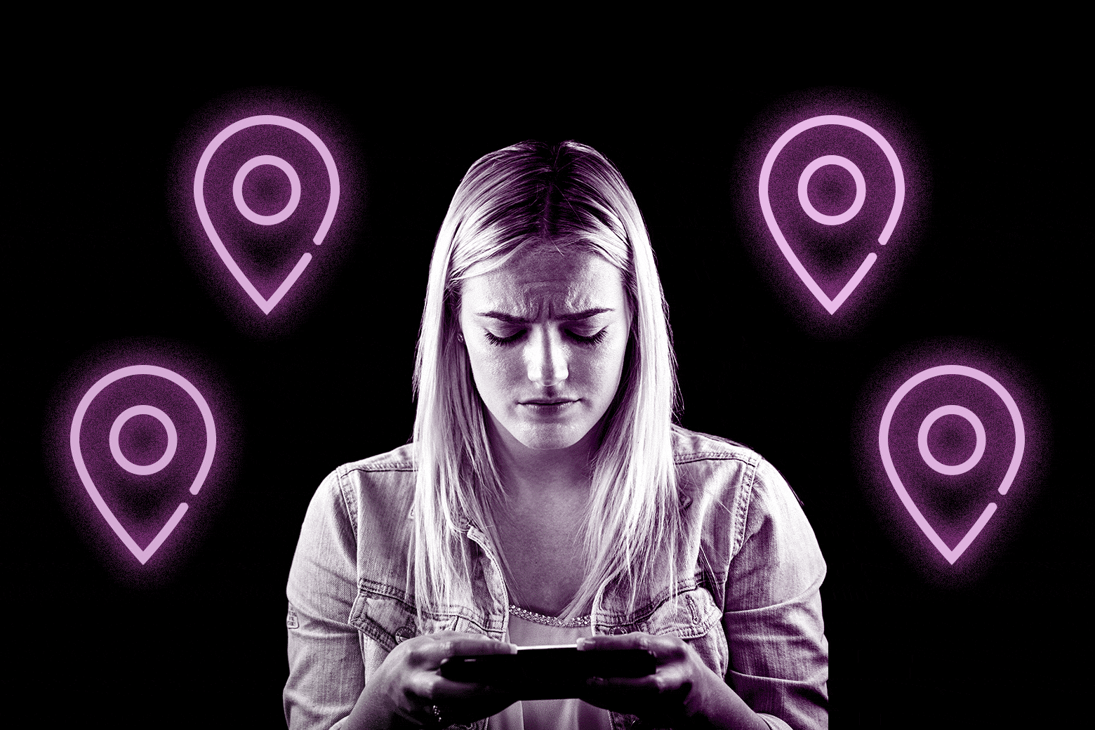 GIF of a concerned-looking woman staring at a phone while neon location symbols glow in the background.