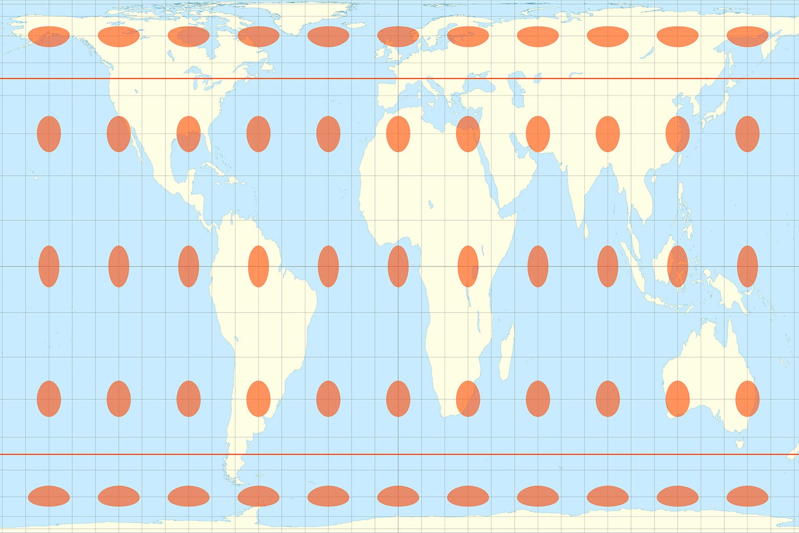 A map where the continents and the orange circles are stretched. 